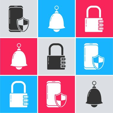 Akıllı telefonu güvenlik kalkanına, zil ve kasa şifresi ikonuna ayarlayın. Vektör