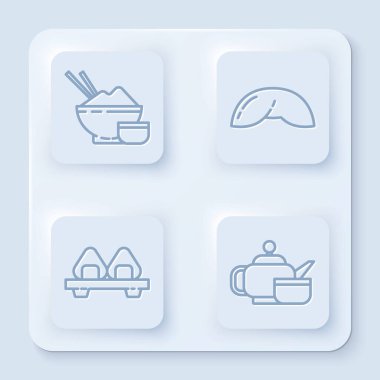 Çubuklu pirinç, Çin fal kurabiyesi, kesme tahtasında suşi ve Japon çay seremonisi. Beyaz kare düğme. Vektör