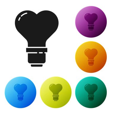 Beyaz arka planda izole edilmiş bir ampul ikonunda Kara Kalp şekli. Aşk sembolü. Sevgililer Günü sembolü. Renkli daire düğmelerini ayarlayın. Vektör İllüstrasyonu