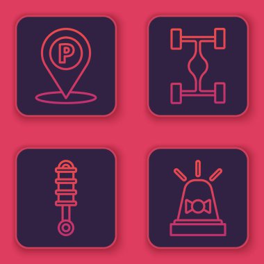 Hattı park yeri, şok emici, Chassis arabası ve Flasher sireniyle ayarla. Mavi kare düğme. Vektör