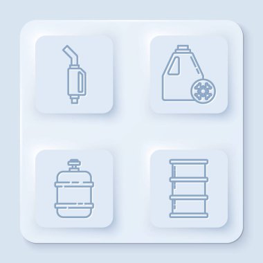 Benzin pompası, antifriz tüpü, propan benzin deposu ve varil yağı ayarlayın. Beyaz kare düğme. Vektör