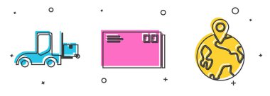 Forklift kamyonu, Envelope ve Worldwide simgesini ayarlayın. Vektör