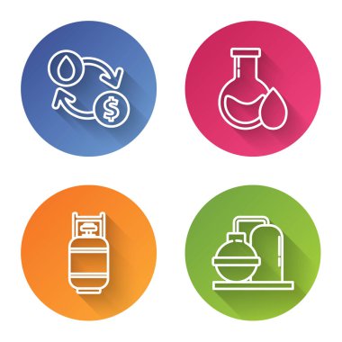 Hat değişimi, su transferi, dönüşüm, petrol test tüpü, propan gazı tankı, petrol ve gaz endüstriyel fabrika binası. Renkli daire düğmesi. Vektör