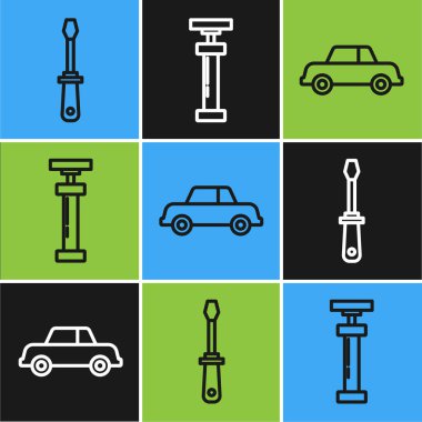 Tornavida, araba ve araba pompası ikonu ayarla. Vektör