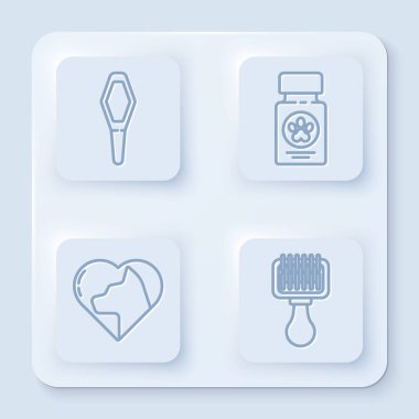 Evcil hayvan şişesi, köpek ilacı şişesi ve haplar kedi ve kedi için saç fırçası. Beyaz kare düğme. Vektör