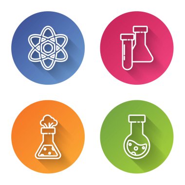 Atom, test tüpü ve matara kimyasalı test tüpü ve matara kimyasalı test tüpü ve matara kimyasalı ayarlayın. Renkli daire düğmesi. Vektör