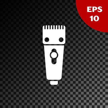 Beyaz Elektrikli saç makası veya tıraş makinesi simgesi şeffaf koyu arka plan üzerinde izole. Berber dükkanı sembolü. Vektör İllüstrasyonu