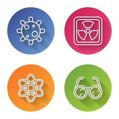 Damar yolu bakterisi, radyoaktif, atom ve laboratuvar gözlükleri. Renkli daire düğmesi. Vektör