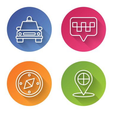 Hat taksi, harita işaretleyici taksi, pusula ve harita işaretleyici taksi. Renkli daire düğmesi. Vektör