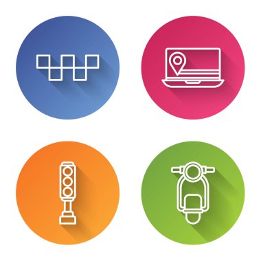 Taksi durağı, konum işaretli dizüstü bilgisayar, trafik ışığı ve scooter ayarlayın. Renkli daire düğmesi. Vektör