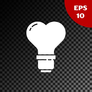 Ampul simgesinde beyaz kalp şekli şeffaf koyu arkaplanda izole edilmiş. Aşk sembolü. Sevgililer Günü sembolü. Vektör İllüstrasyonu
