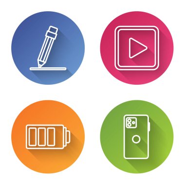Kalem kalemini silgiyle ayarla, kare oyna, pil şarj göstergesi ve akıllı telefon, cep telefonu. Renkli daire düğmesi. Vektör