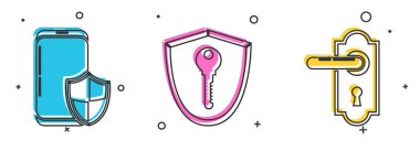 Akıllı telefonu güvenlik kalkanına, kalkanı anahtar ve kapı kolu ikonuna ayarla. Vektör