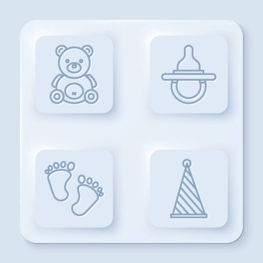 Ayıcık peluş oyuncak, bebek emziği, bebek ayak izleri ve parti şapkası. Beyaz kare düğme. Vektör