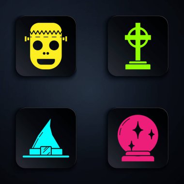 Sihirli top, zombi maskesi, cadı şapkası ve haçlı Tombstone. Siyah kare düğme. Vektör