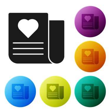 Siyah zarf Valentine kalp simgesi beyaz arka planda izole. Mesaj aşkı. Mektup aşk ve romantizm. Simgeler renkli daire düğmelerini ayarlayın. Vektör Illustration