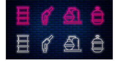 Benzin pompası hortumu, petrol ve gaz endüstriyel fabrika binası, varil yağı ve propan benzin deposu ayarlayın. Tuğla duvarda parlayan neon simgesi. Vektör