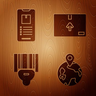 Dünya çapında, uygulama dağıtım takibi olan cep telefonu, barkod taraması yapan tarayıcı ve ahşap arka planda trafik sembollü mukavva kutu ayarla. Vektör