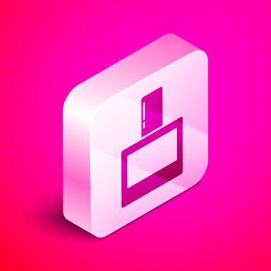 İzometrik Tıraş Sonrası simgesi pembe arka plan üzerinde izole. Köln sprey simgesi. Erkek parfüm şişesi. Gümüş kare düğme. Vektör İllüstrasyonu