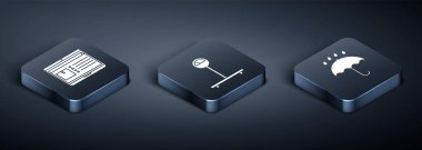 Uygulama dağıtım takibi, Şemsiye, yağmur damlaları ve Ölçek simgesiyle Isometric Laptop 'ı ayarla. Vektör