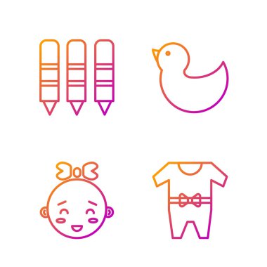 Çizgi, bebek kıyafetleri, Mutlu küçük kız kafası, çizim için mum boya kalemleri ve plastik ördek. Renk simgeleri. Vektör