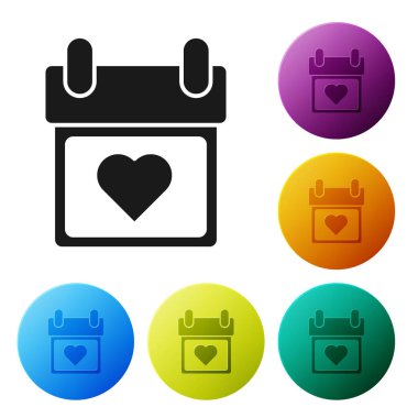 Siyah takvim beyaz arka planda izole kalp simgesi ile. Sevgililer günü. Aşk sembolü. 14 Şubat. Simgeler renkli daire düğmelerini ayarlayın. Vektör Illustration