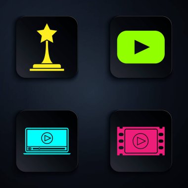 Set Play Video, Movie Kupası, Online Play Video ve Play. Siyah kare düğme. Vektör