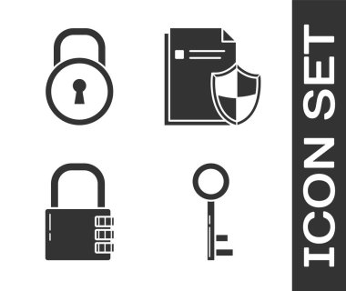 Anahtar, Kilit, Güvenli Şifre Kilidi ve Belge Koruma konsepti simgesini ayarla. Vektör