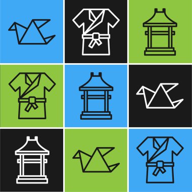 Origami kuşu, Japon Kapısı ve Japon kostümlü Kimono ikonu. Vektör