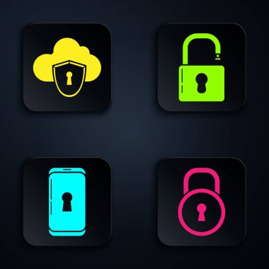 Kilit, Bulut ve Kalkan 'ı ayarlayın. Akıllı telefon kilitlenip kilidi açın. Siyah kare düğme. Vektör
