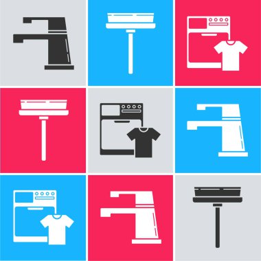 Su musluğu, silecek, kazıyıcı, silecek ve tişört ikonunu hazırla. Vektör