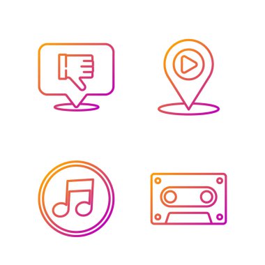 Retro ses kaseti, müzik notası, ton, konuşma balonunda sevmeme ve konumla birlikte dijital ortam oynatma satırını ayarla. Renk simgeleri. Vektör