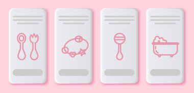 Çatal ve kaşıklı bebek çatal bıçak takımı, oyuncak bebek çıngırak, oyuncak bebek ve bebek küveti. Beyaz dikdörtgen düğme. Vektör