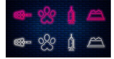 Paw baskısı, şırınga ve evcil hayvan aşısı, köpek ağızlığı ve evcil hayvan kasesi. Tuğla duvarda parlayan neon simgesi. Vektör