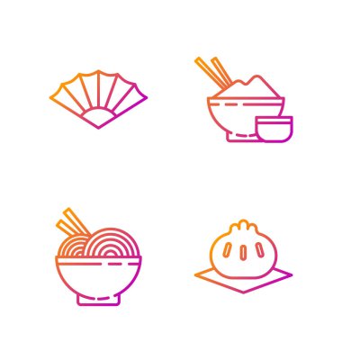 Khinkali 'yi kesme tahtasına, Asya eriştelerini kaseye, çubuklara, Çin yemeklerine ya da Japon vantilatörüne ve pilavına yerleştir. Renk simgeleri. Vektör