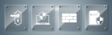 Belge koruma konseptini, tuğlaları, kalkanla korunan dizüstü bilgisayarı ve kapı kolunu ayarla. Kare cam paneller. Vektör