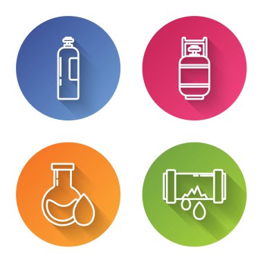 Endüstriyel gaz tankı, propan gazı tankı, petrol test tüpü ve sızıntı yapan metal boru ayarlayın. Renkli daire düğmesi. Vektör