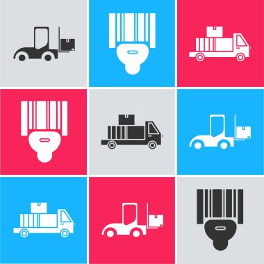 Forklift kamyonunu ayarlayın, tarayıcı barkodu tarıyor ve karton kutu simgesiyle teslimat kamyonunu ayarlayın. Vektör