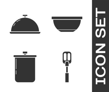 Spatula 'yı hazırla, tepside yemek, tencere ve bowling ikonu olsun. Vektör