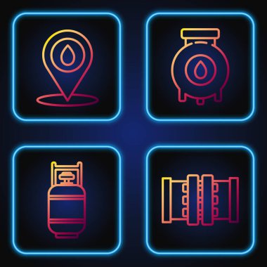 Sanayi hattı metalik borular ve valf, propan gazı deposu, yakıt doldurma yeri ve petrol ve gaz sanayi fabrikası. Renk simgeleri. Vektör