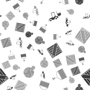 Forklift kamyonunu, konteynırı vince, tahta kutuyu ve dünya çapında kusursuz deseni ayarla. Vektör