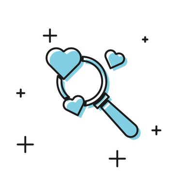 Siyah Arama kalbi ve aşk simgesi beyaz arkaplanda izole edilmiş. İçinde kalp olan büyüteç. Vektör İllüstrasyonu