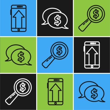 Akıllı telefon, cep telefonu, büyüteç ve dolar ve dolar ikonlu konuşma balonu ayarla. Vektör