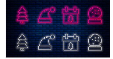 Noel Baba şapkası, takvim, Noel ağacı ve yağan karlı Noel küresi. Tuğla duvarda parlayan neon simgesi. Vektör
