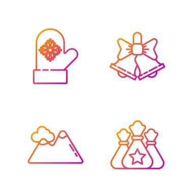 Sıra Noel Baba hediyesi, dağlar, Noel eldiveni ve mutlu Noel çanları. Renk simgeleri. Vektör