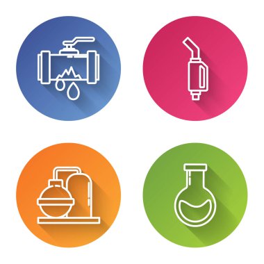 Kırık metal boru, sızıntı yapan su, benzin pompası, yağ ve gaz endüstriyel fabrika binası test tüpü ve matarası. Renkli daire düğmesi. Vektör