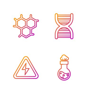 Sınır test tüpü ve matara kimyasalı yüksek voltaj işareti, kimyasal formül ve DNA sembolü ayarlayın. Renk simgeleri. Vektör