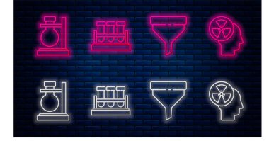 Test tüpü ve matara kimyasalı, huni ya da filtre, test tüpü, insan kafası ve radyasyon ayarlayın. Tuğla duvarda parlayan neon simgesi. Vektör