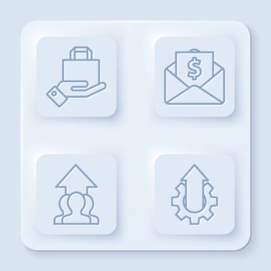 El ve kağıt alışveriş torbası, bozuk para dolu zarf, büyüme grafiği ve kalabalık ve Arrow büyüme ekipmanları işinde ilerleme. Beyaz kare düğme. Vektör