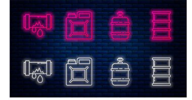 Benzin, propan gazı deposu, su sızdıran metal boru ve varil yağı için boru dökün. Tuğla duvarda parlayan neon simgesi. Vektör